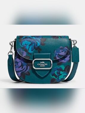 Coach Teal Floral Leather Saddle Crossbody Bag